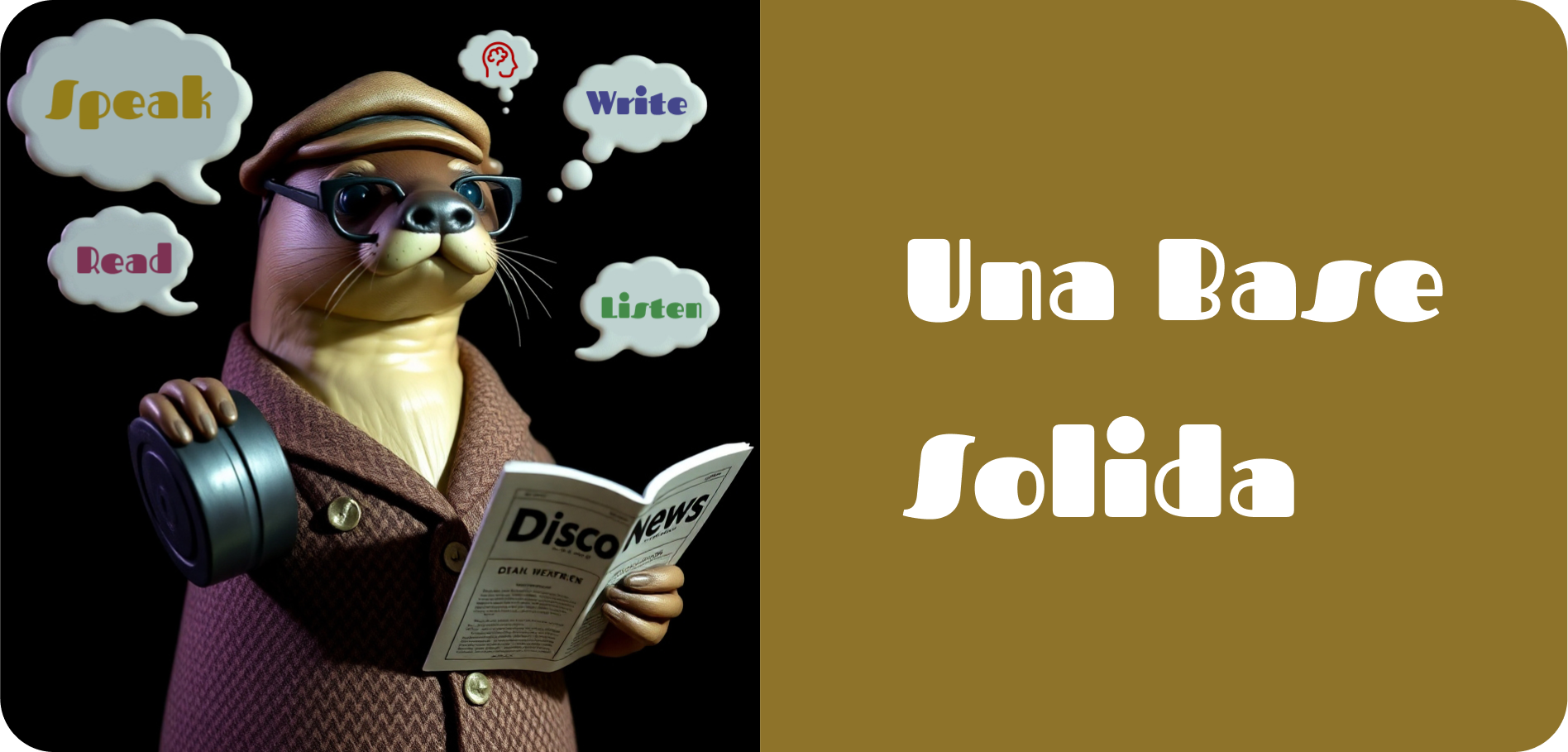 Imagen: Nutria con una pesa en mano derecha, un periódico en la izquierda y pensamientos: hablar, leer, escribir, escuchar, pensar 