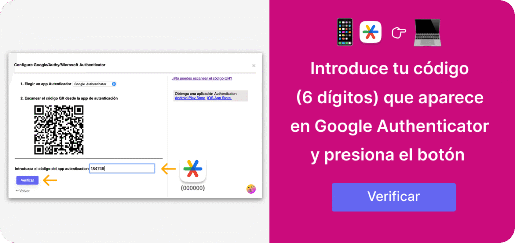 Paso 4: Introduce el código de seis dígitos que aparece en Google Authenticator y presiona el botón Verificar