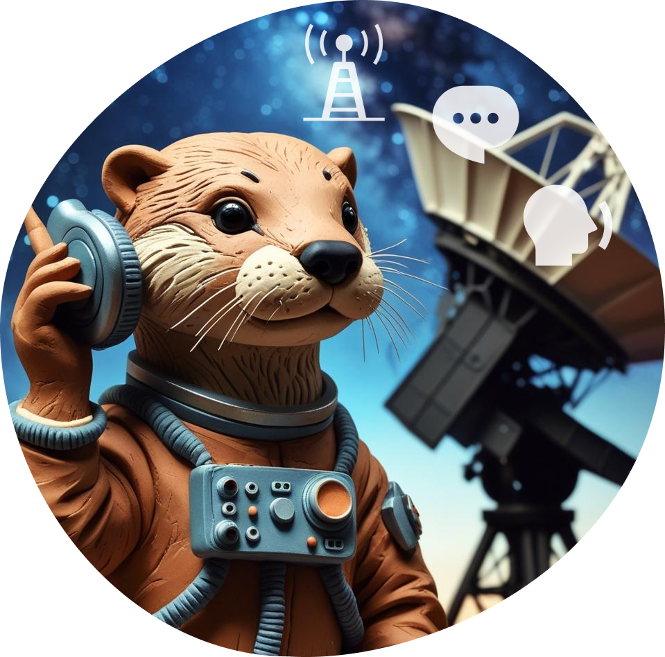 Contact Page: Otter holding a communicator device dressed as an astronaut wiht a radio telescope and stars in the background