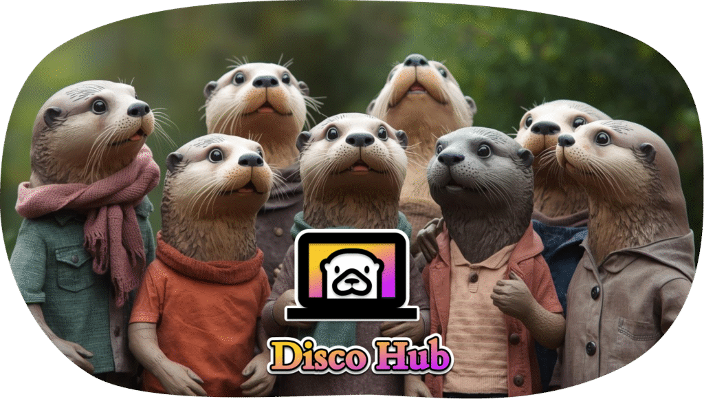 Un Grupo de nutrias y el logo de Disco Hub