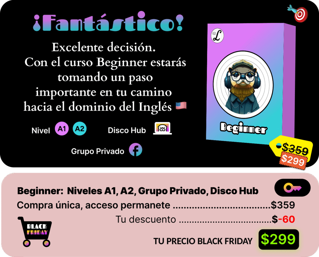 Imagen de el curso Beginner con descripción incluyendo niveles, grupo privado y Disco Hub